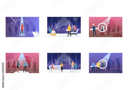 Set of recruitment agencies, applicants and job interviews. Flat vector illustrations of people in magnifying glasses. Hr, employment concept for banner, website design or landing web page
