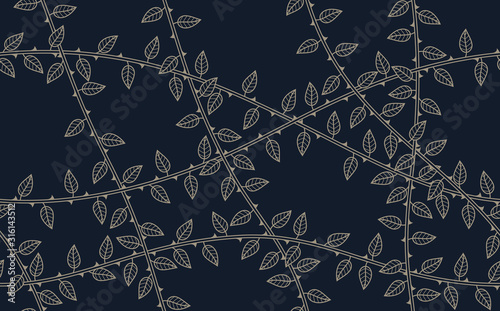 Vector seamless texture wall overgrown with plant with thorns and leaves. Dark background