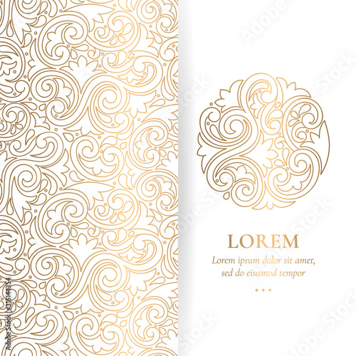 Gold and white luxury invitation card design. Vintage ornament template. Can be used for background and wallpaper. Elegant and classic vector elements great for decoration.