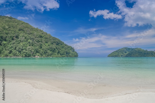 view seaside of white sand beach with blue-green sea with green forest and blue sky background, Surin island, Mu Ko Surin National Park, Phang Nga, southern of Thailand.