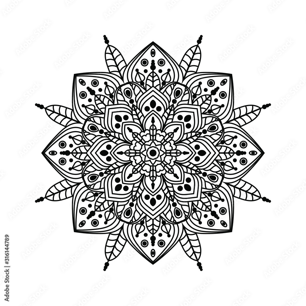 Abstract round ornament. Mandala style ornament for coloring books. Decorative elements hand drawn. Vector illustration.