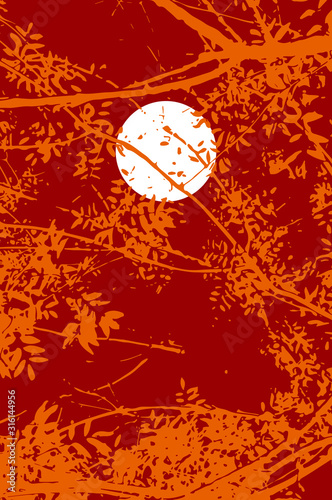 Stylish warm vector illustration with a white full moon (or the sun) in a deep red sky seen through orange silhouettes of branches and leaves.