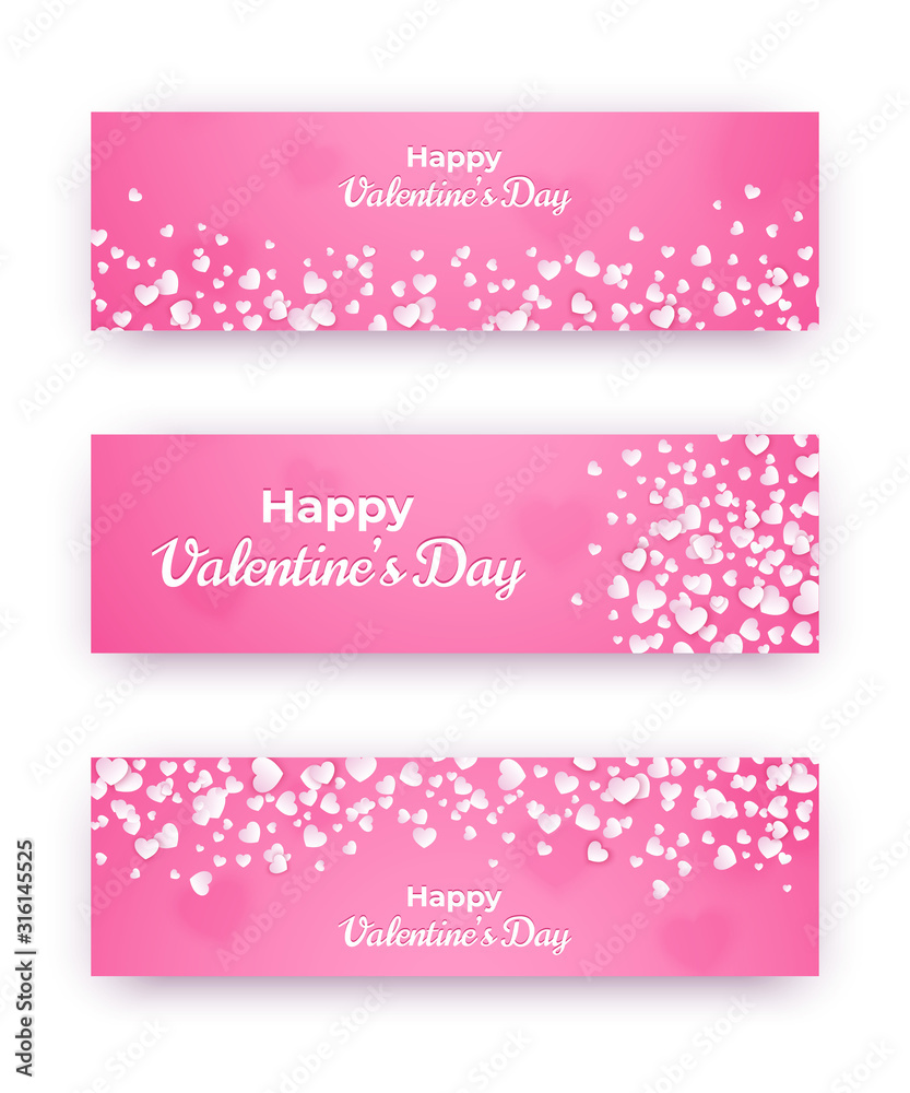 Valentine day banner set. Pink love coupons with hearts and happy text. Vector horisontal illustration.