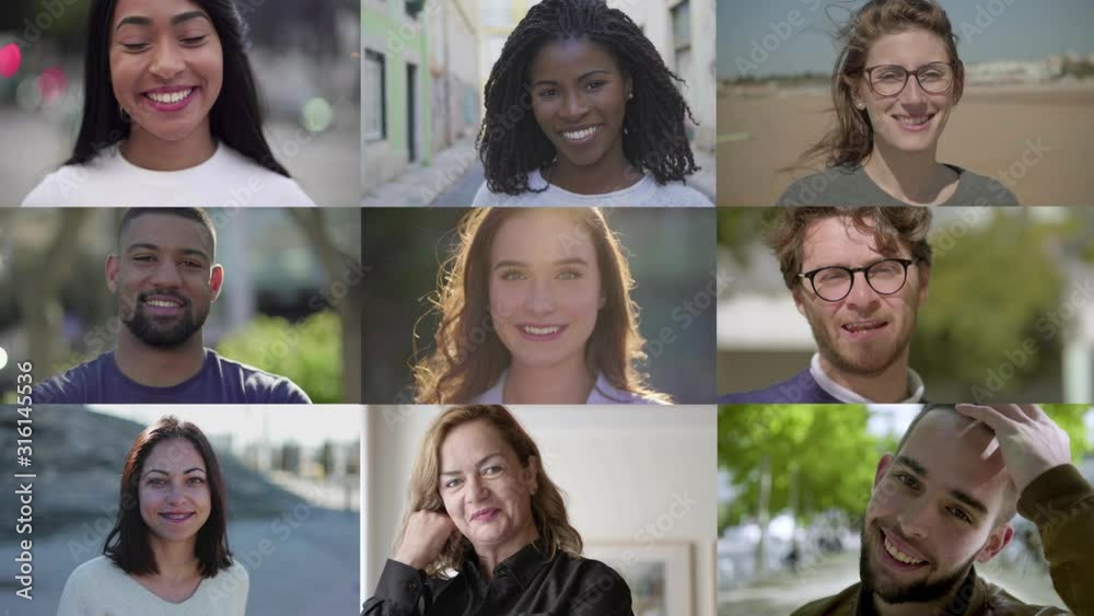 Cheerful diverse people looking at camera. Split screen collage of various multiethnic men and women standing and smiling at camera. Emotion concept Cheerful diverse people looking at camera. Split screen collage of various multiethnic men and women standing and smiling at camera. Emotion concept