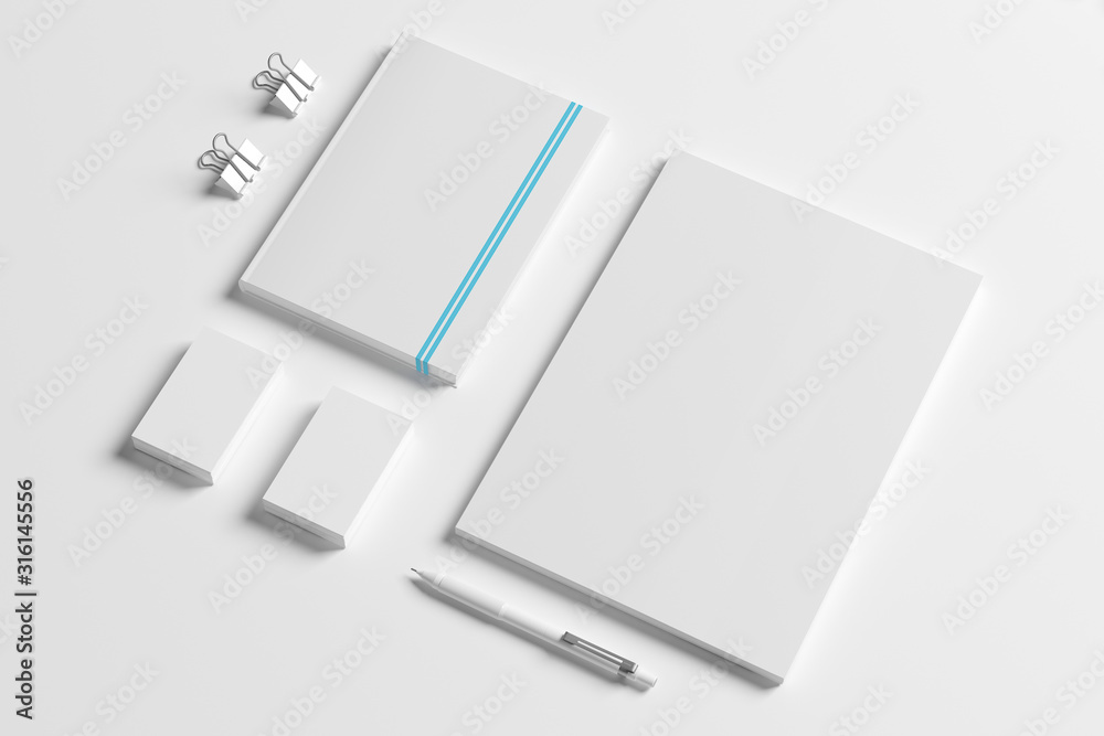 Blank identity stationery set isolated on white. Mockup concept for graphic designers presentations and portfolios. 3d render. Blank identity stationery set isolated on white. Mockup concept for graphic designers presentations and portfolios. 3d render.