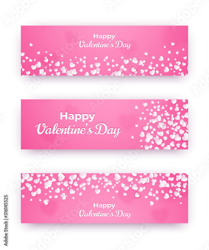 Valentine day banner set. Pink love coupons with hearts and happy text. Vector horisontal illustration.