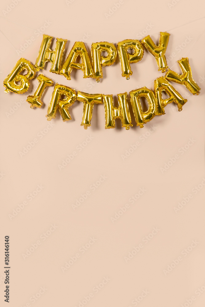 Gold Balloons happy  Birthday to you logo, card, banner, web,  design. Birth day card. Gold balloon on beige color background. Stock Photo  | Adobe Stock