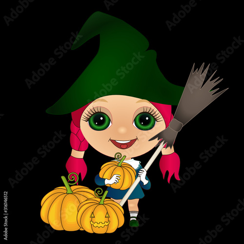 Canvas-taulu cool girl in a green witch hat stands and holds a pumpkin and a broom on a black