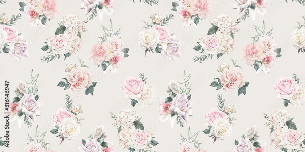 Seamless floral pattern with flowers on light background, watercolor. Template design for textiles, interior, clothes, wallpaper. Botanical art Seamless floral pattern with flowers on light background, watercolor. Template design for textiles, interior, clothes, wallpaper. Botanical art
