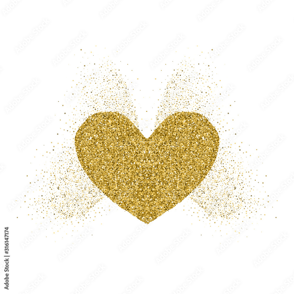 Heart golden glitter icon with glitter glow butterfly wings. White background. For Valentine's day, wedding cards, invitation, fashion, ornaments, luxury design elements. Vector illustration