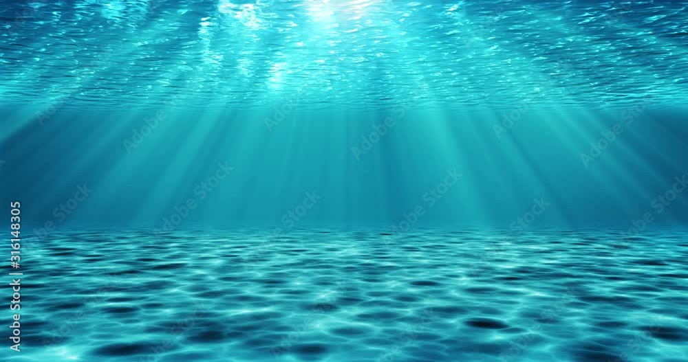 Realistic underwater scene with light rays. Blue decorative background, animated illustration.