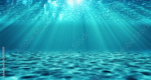 Realistic underwater scene with light rays. Blue decorative background, animated illustration.