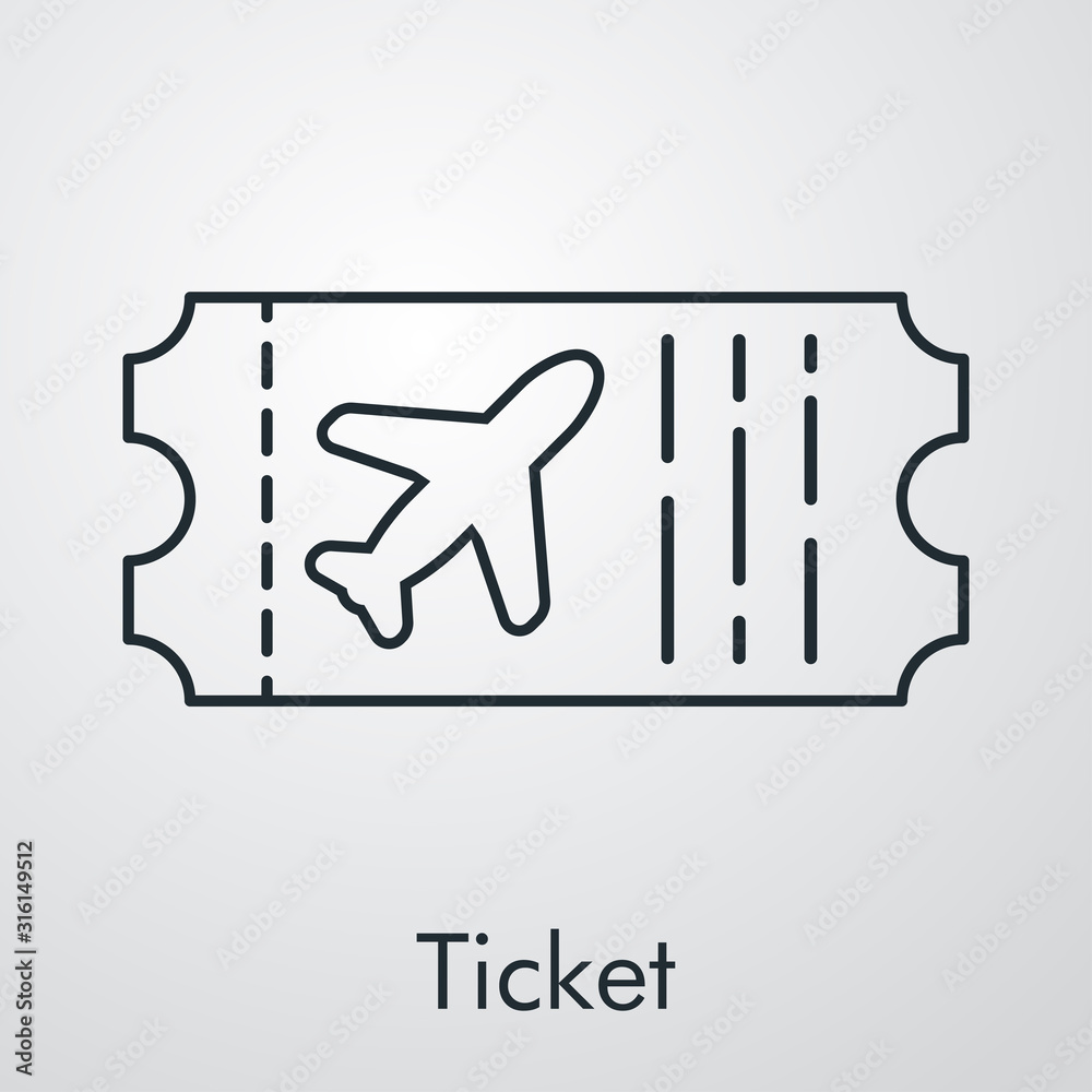Icono plano lineal billete avión en fondo gris Icono plano lineal billete avión en fondo gris