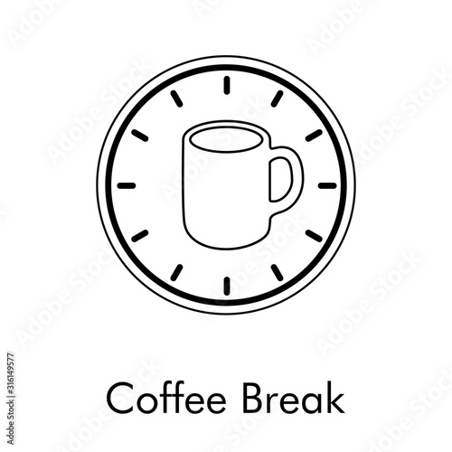 Logotipo Coffee Break. Icono plano lineal taza de café con reloj en color negro