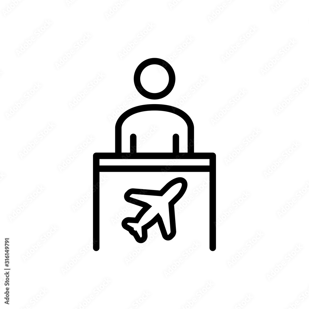 Icono plano lineal mostrador de información de aeropuerto con hombre de pie en color negro Icono plano lineal mostrador de información de aeropuerto con hombre de pie en color negro