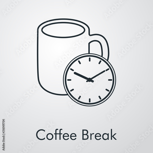 Logotipo Coffee Break. Icono plano lineal taza de café con reloj en fondo gris