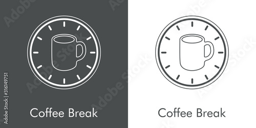 Logotipo Coffee Break. Icono plano lineal taza de café con reloj en fondo gris y fondo blanco