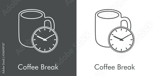 Logotipo Coffee Break. Icono plano lineal taza de café con reloj en fondo gris y fondo blanco