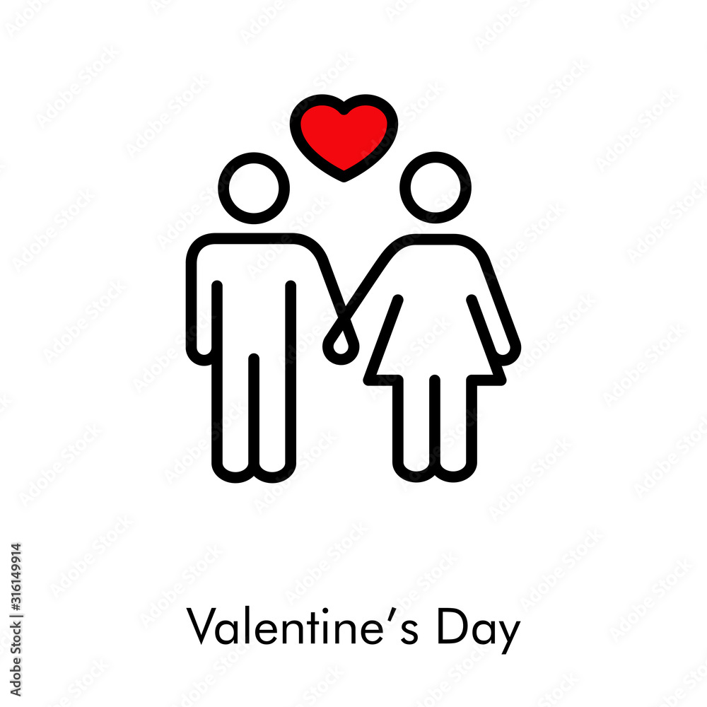 Día de san Valentín. Pareja tomados de la mano. Icono plano lineal hombre y mujer de la mano con corazón en color rojo Día de san Valentín. Pareja tomados de la mano. Icono plano lineal hombre y mujer de la mano con corazón en color rojo