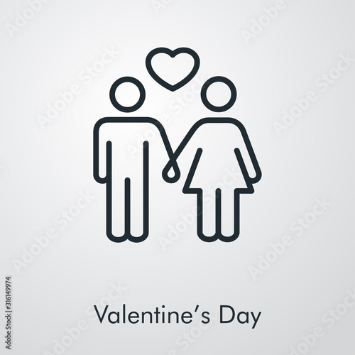 Día de san Valentín. Pareja tomados de la mano. Icono plano lineal hombre y mujer de la mano con corazón en fondo gris