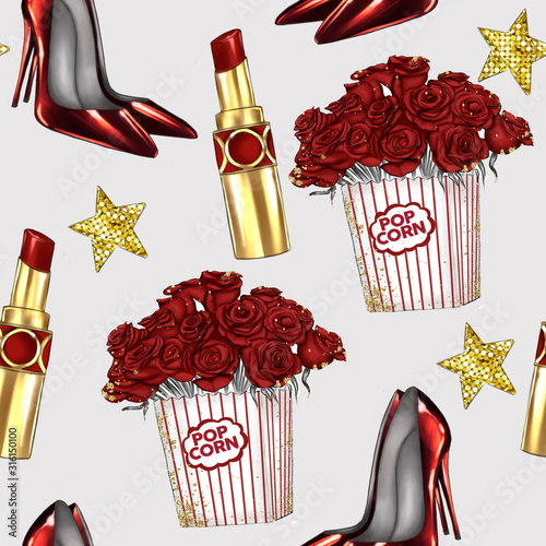 ROSES, LIPSTIK, STILETTO HEELS - WATERCOLOR SEAMLESS PATTERN 