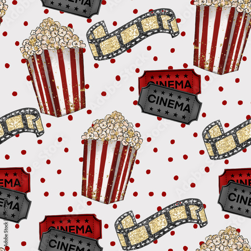 POPCORN, CINEMA TICKETS - SEAMLESS PATTERN BACKGROUND 