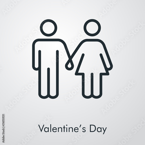 Día de san Valentín. Pareja tomados de la mano. Icono plano lineal hombre y mujer de la mano en fondo gris
