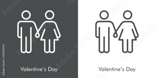 Día de san Valentín. Pareja tomados de la mano. Icono plano lineal hombre y mujer de la mano en fondo gris y fondo blanco