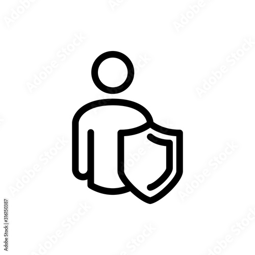 Símbolo usuario seguro. Icono plano lineal hombre con escudo en color negro