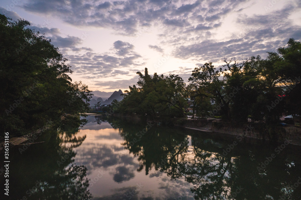 View of the Karst mountains in Guilin region of South China, close to Xingping village, Li River