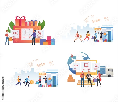 Set of people running for discounts in shops. Flat vector illustrations of customers buying products online. Sale, online shopping concept for banner, website design or landing web page