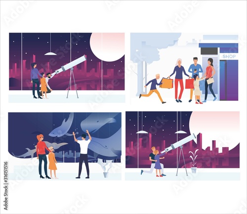 Set of family going out together on weekend. Flat vector illustrations of parents and children spending leisure time. Family leisure activities concept for banner, website design or landing web page