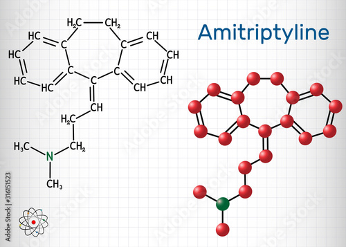 Amitriptyline molecule. It is tricyclic antidepressant TCA with analgesic properties, is used to treat depression and neuropathic pain. Structural chemical formula and molecule model. 
