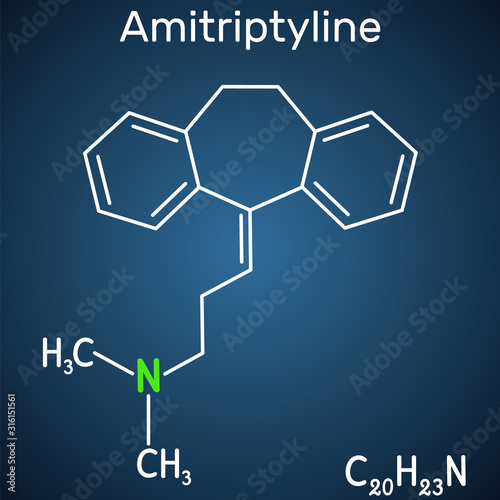 Amitriptyline C20H23N  molecule. It is tricyclic antidepressant TCA with analgesic properties, is used to treat depression and neuropathic pain. Structural chemical formula on the dark blue background photo