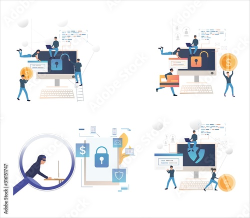 Set of cybercriminals cracking software. Flat vector illustrations of people breaking into computer. Computer security, cybercrime, hacking concept for banner, website design or landing web page