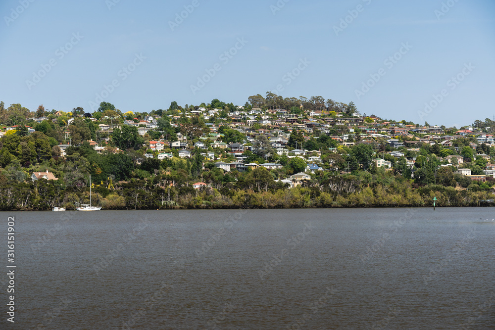 Launceston, Tasmania - January 3rd 2020: Views across River Tamar towards Penny Royal (centre left) and Trevallyn (right).