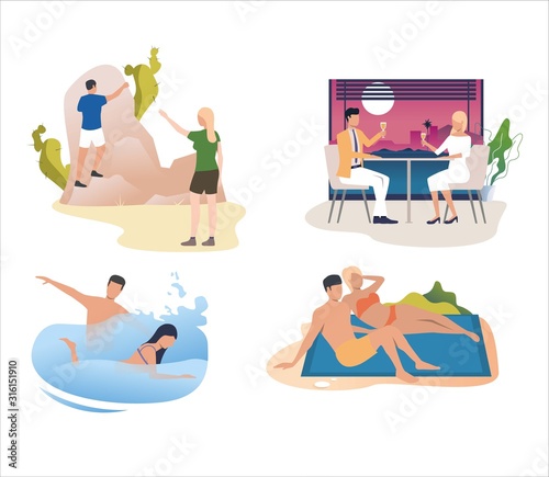 Set of couples enjoying summer vacation. Flat vector illustrations of people on honeymoon trip. Travelling, romantic vacation concept for banner, website design or landing web page