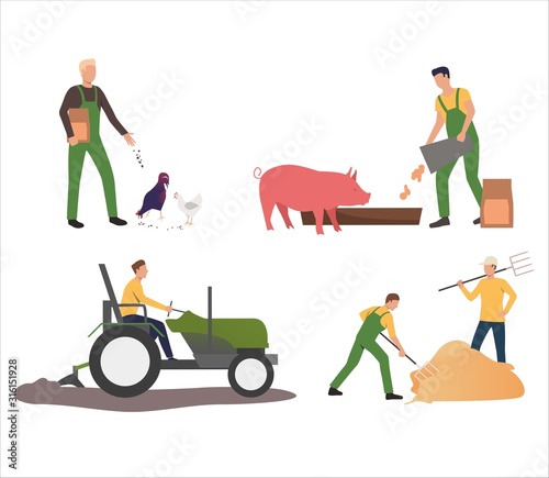Set of farmers feeding animals and working in field. Flat vector illustrations of people working with cattle and crops. Farming, agriculture concept for banner, website design or landing web page