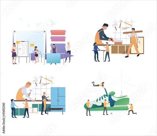 Set of workers crafting and designing products. Flat vector illustrations of people manufacturing goods. Crafting, manufacturing concept for banner, website design or landing web page