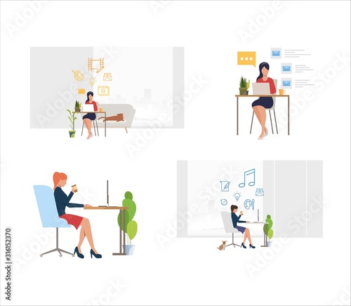 Set of women creating online projects. Flat vector illustrations of female freelancers doing professional tasks. Freelancing and communicating concept for banner, website design or landing web page