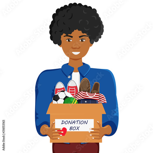 Vector Illustration of Clothes Donation with Man in Cartoon Flat Style. African Guy Holding Donation Box with Shoes, Clothes and Balls isolated. Minimalism Lifestyle, Social Care and Charity Concept