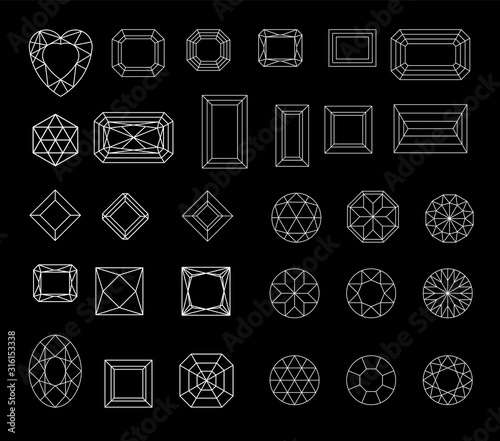 Collection shapes of diamond against black background.