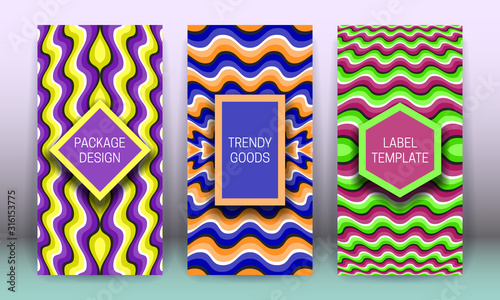 Set of packaging design with patterned optical illusion backgrounds. Moving hypnotic backdrop with frames for text. Modern labels template.