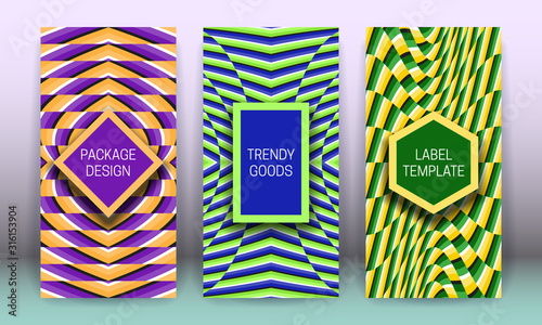 Set of packaging design with curved striped optical illusion backgrounds. Moving hypnotic backdrop with frames for text. Modern labels template.