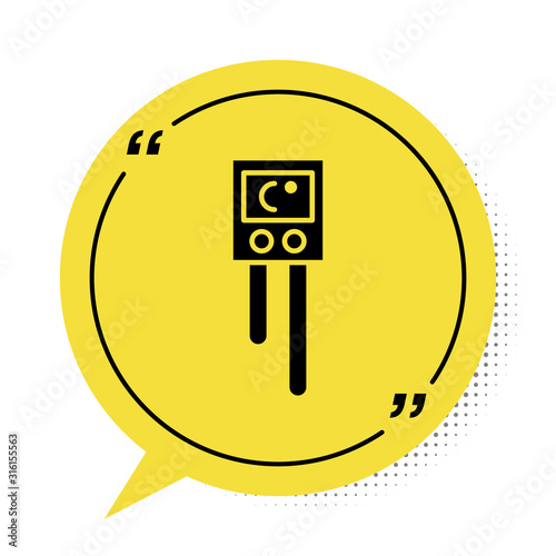 Black Temperature and humidity sensor icon isolated on white background. Yellow speech bubble symbol. Vector Illustration