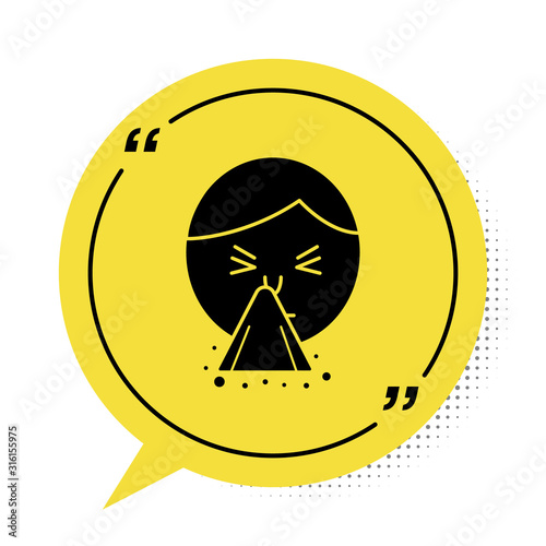 Black Man holding handkerchief or napkin to his runny nose icon isolated on white background. Coryza desease symptoms. Yellow speech bubble symbol. Vector Illustration