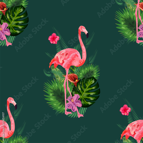 Beautiful seamless vector floral summer pattern background with tropical palm leaves, flamingo, hibiscus.
