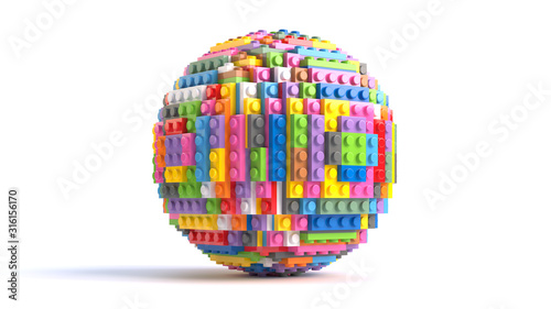 Colored toy bricks in form of sphere isolated on white background