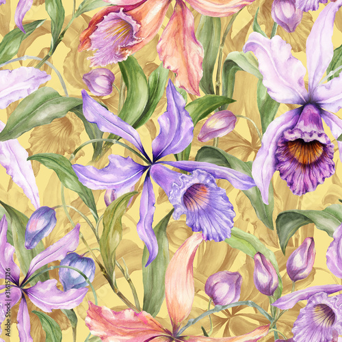Beautiful exotic orchid flowers (Laelia) and green leaves on yellow background. Seamless tropical floral pattern. Watercolor painting. Hand drawn illustration.