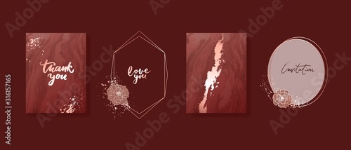 Elegant luxury card template with flowers, peonies and marble texture.